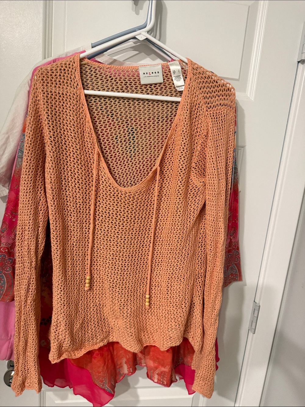 Axcess Peach Open-Weave V-Neck Sweater Bead Drawstrings cover up swim mesh large